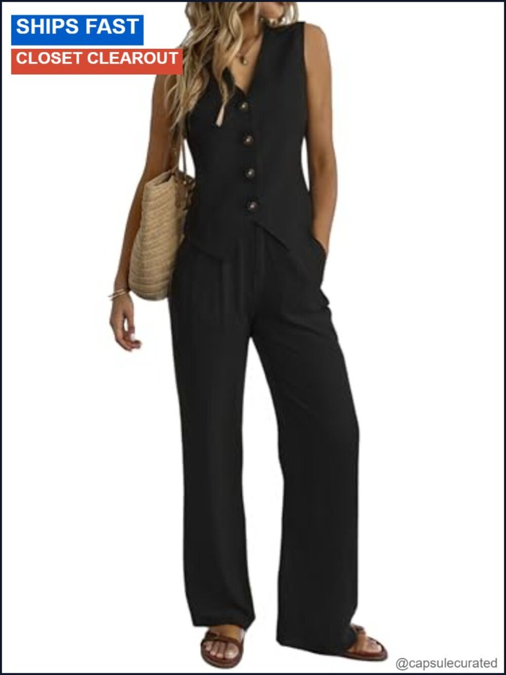 Linen Blend 2 Piece Wide Leg Pantsuit Set Sleeveless Vest Crop Top